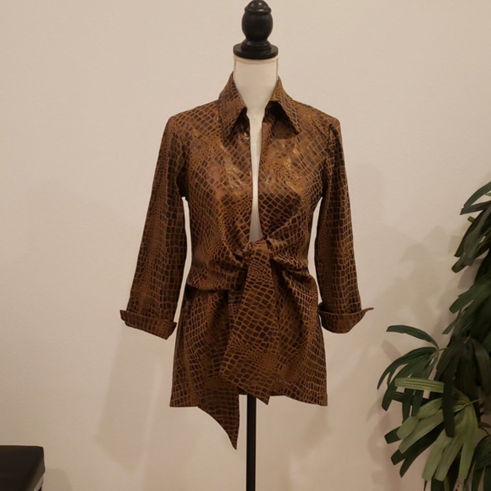 Mishca Top jacket blazer with tie front, Size S, leopard print sude feel